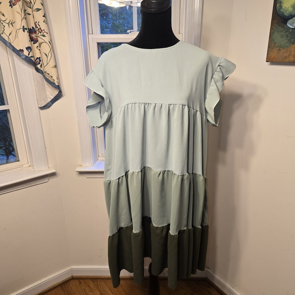 Color Block Flounce Sleeve Ruffle Hem Chiffon Smock Dress‎ Size XL